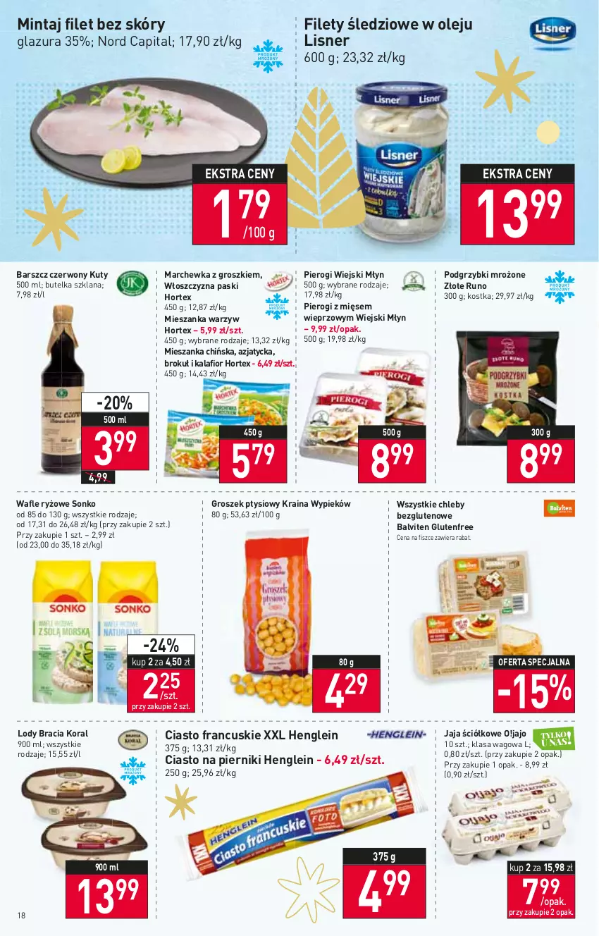 Gazetka promocyjna Stokrotka - Supermarket - ważna 15.12 do 21.12.2022 - strona 18 - produkty: Chleb, Ciasto francuskie, Glazura, Groszek, Groszek ptysiowy, Hortex, Jaja, Kalafior, LANA, Lazur, Lisner, Lody, Marchewka, Mieszanka warzyw, Mintaj, Olej, Piernik, Pierogi, Podgrzybki, Ryż, Sonko, Wafle