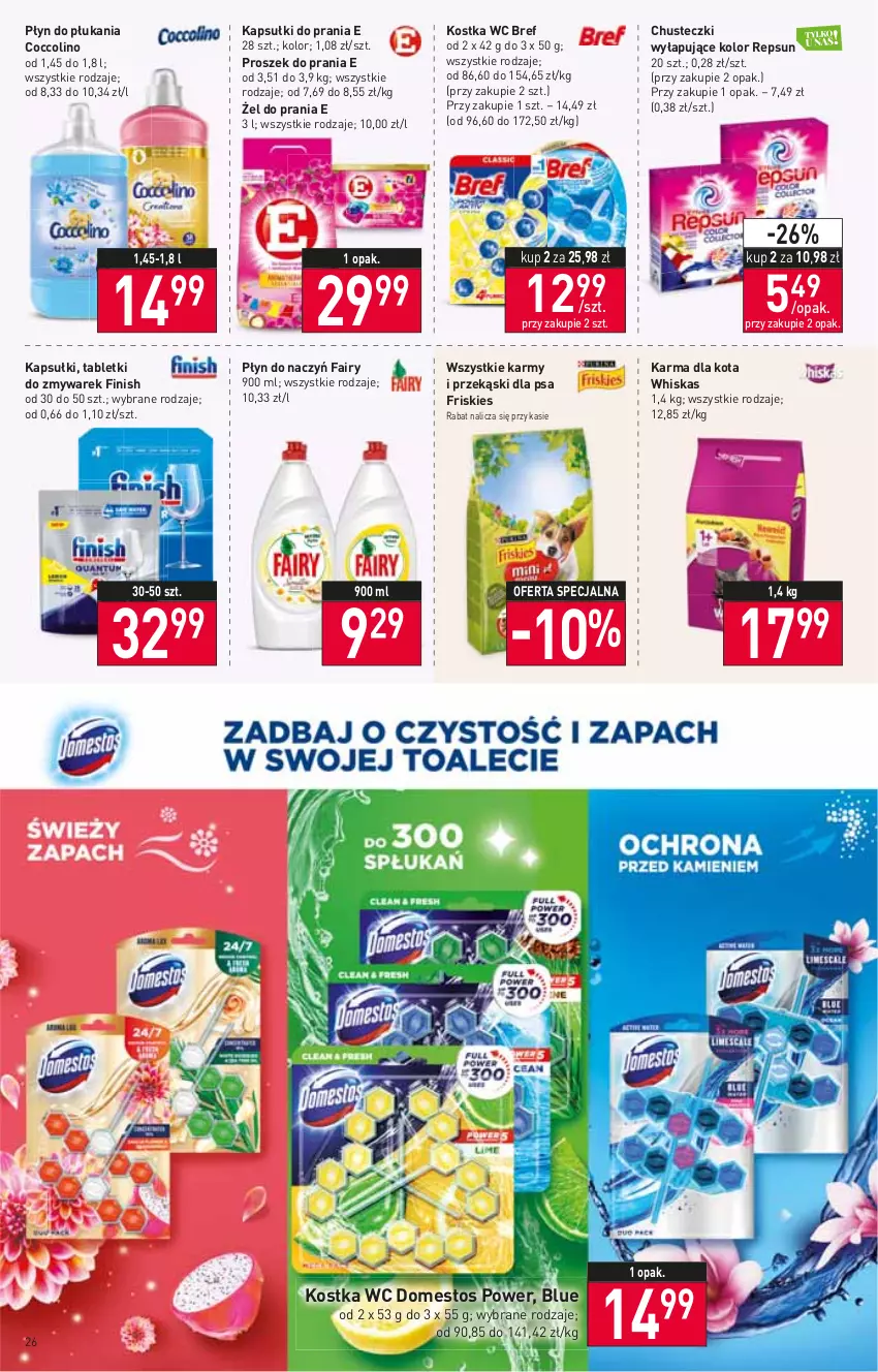 Gazetka promocyjna Stokrotka - Supermarket - ważna 15.12 do 21.12.2022 - strona 26 - produkty: Bref, Chusteczki, Coccolino, Domestos, Fa, Fairy, Finish, Friskies, Kapsułki do prania, Płyn do płukania, Proszek do prania, Przekąski dla psa, Tablet, Whiskas