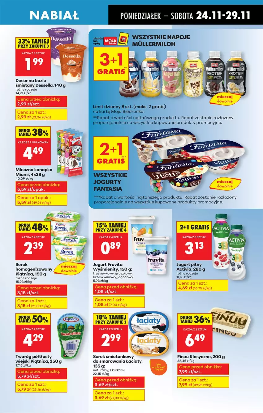 Gazetka promocyjna Biedronka - Od Poniedziałku - ważna 24.11 do 29.11.2025 - strona 47 - produkty: Activia, Deser, Finuu, Gra, Jogurt, Jogurt pitny, Mleczna kanapka, Piątnica, Ser, Serek, Twaróg, Twaróg półtłusty