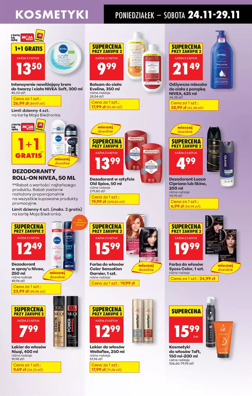Gazetka promocyjna Biedronka - Od Poniedziałku - ważna 24.11 do 29.11.2025 - strona 73 - produkty: Balsam do ciała, Dezodorant, Eveline, Fa, Farba do włosów, Garnier, Gra, Krem do twarzy, Lakier, Lakier do włosów, LG, Mleczko, Niuqi, Nivea, Old Spice, Por, Sati, Syoss, Taft, Wella, Wellaflex
