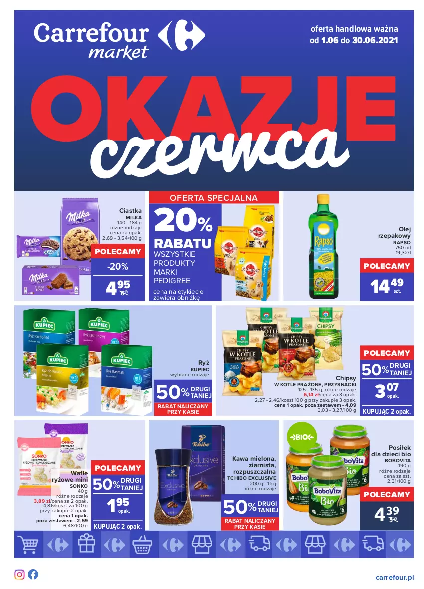 Gazetka promocyjna Carrefour - Gazetka Okazje czerwca - ważna 31.05 do 30.06.2021 - strona 1 - produkty: BoboVita, Chipsy, Ciastka, Dzieci, Kawa, Kawa mielona, Kosz, Kupiec, Milka, Olej, Olej rzepakowy, Pedigree, Piec, Przysnacki, Ryż, Sonko, Tchibo, Wafle