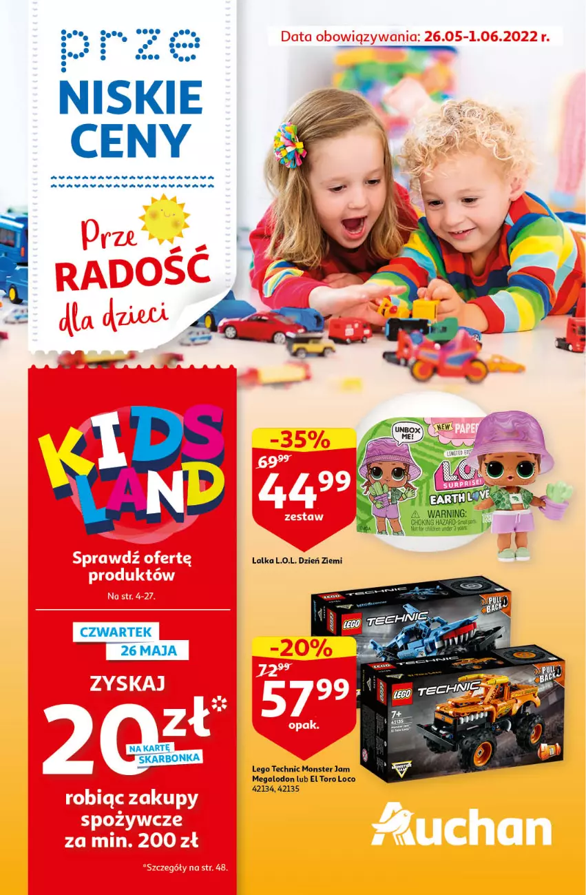 Gazetka promocyjna Auchan - przeNISKIE CENY przeRADOŚĆ dla dzieci Hipermarkety - ważna 26.05 do 01.06.2022 - strona 1 - produkty: Dada, L.O.L., Lalka, LEGO, LEGO Technic