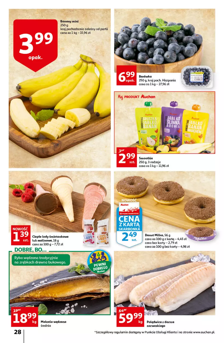 Gazetka promocyjna Auchan - przeNISKIE CENY przeRADOŚĆ dla dzieci Hipermarkety - ważna 26.05 do 01.06.2022 - strona 28 - produkty: Banany, Ciepłe lody, Donut, Dorsz, Lody, Milka, Polędwica, Smoothie