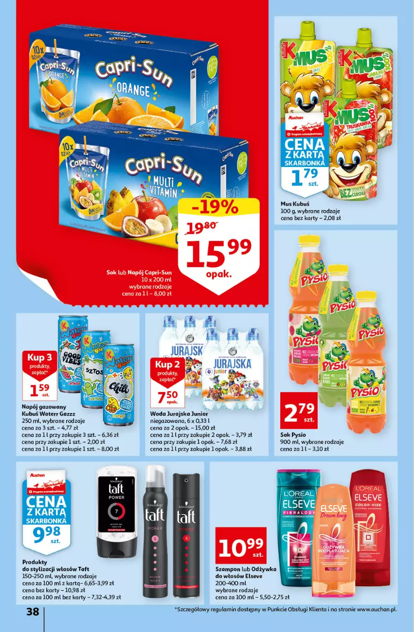 Gazetka promocyjna Auchan - przeNISKIE CENY przeRADOŚĆ dla dzieci Hipermarkety - ważna 26.05 do 01.06.2022 - strona 38 - produkty: Elseve, Kubuś, Mus, Napój, Napój gazowany, Odżywka, Ser, Sok, Szampon, Taft, Woda