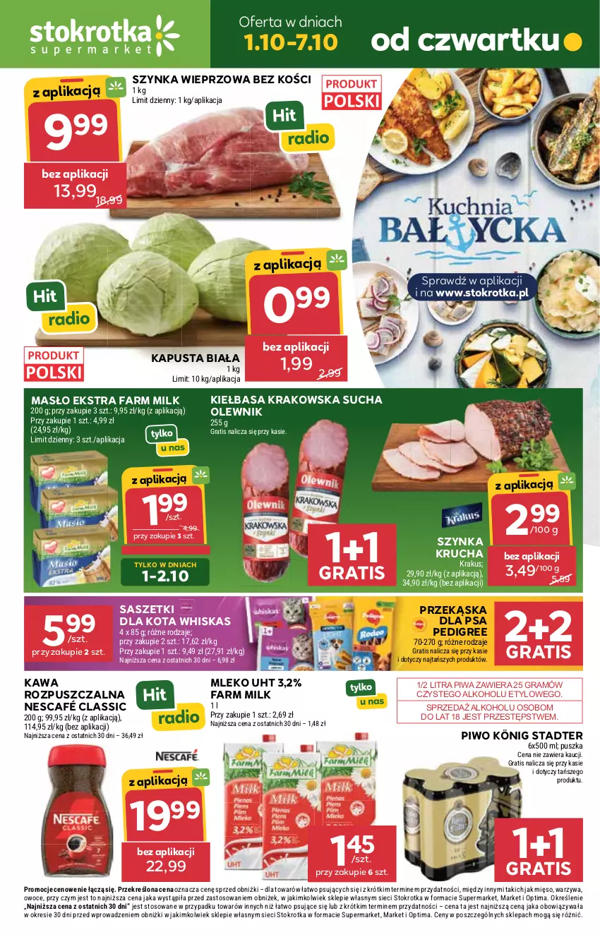 Gazetka promocyjna Stokrotka - Supermarket - ważna 01.10 do 07.10.2026 - strona 1 - produkty: Fa, Farm Milk, Gra, Kawa, Kawa rozpuszczalna, Kiełbasa, Kiełbasa krakowska, König, Krakus, Masło, Mięso, Mleko, Nescafé, Olewnik, Optima, Owoce, Pedigree, Piwa, Piwo, Szynka, Szynka wieprzowa, Warzywa, Whiskas