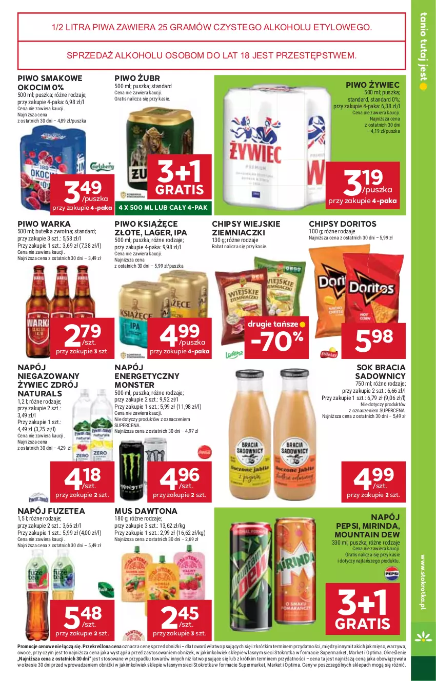 Gazetka promocyjna Stokrotka - Supermarket - ważna 01.10 do 07.10.2026 - strona 41 - produkty: Chipsy, Dawtona, Gra, Koc, Książęce, Mięso, Mirinda, Mus, Napój, Napój energetyczny, Napój niegazowany, Okocim, Optima, Owoce, Pepsi, Piwa, Piwo, Sok, Warka, Warzywa