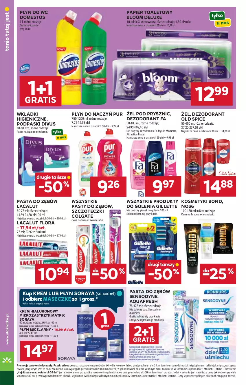 Gazetka promocyjna Stokrotka - Supermarket - ważna 01.10 do 07.10.2026 - strona 42 - produkty: Aquafresh, Colgate, Dezodorant, Domestos, Dzieci, Fa, Flora, Gillette, Gra, Lacalut, LG, Mięso, Moments, Old Spice, Optima, Owoce, Papier, Papier toaletowy, Pasta do zębów, Płyn do wc, Płyn micelarny, Podpaski, Pur, Sensodyne, Warzywa, Wkładki