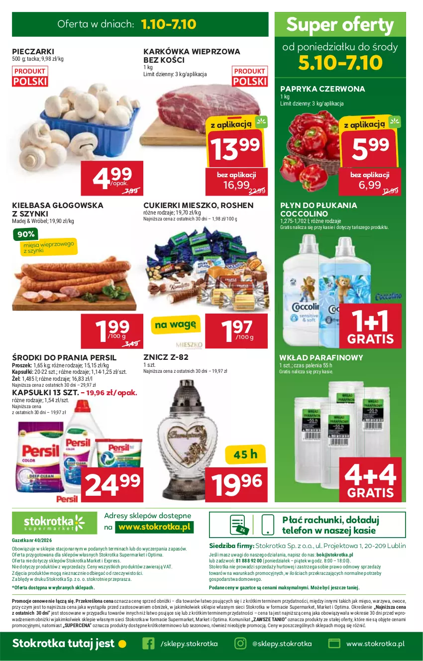 Gazetka promocyjna Stokrotka - Supermarket - ważna 01.10 do 07.10.2026 - strona 51 - produkty: Coccolino, Cukier, Cukierki, Dres, Gra, Karkówka wieprzowa, Kiełbasa, Kiełbasa głogowska, Mięso, O nas, Optima, Owoce, Papryka, Papryka czerwona, Persil, Piec, Płyn do płukania, Telefon, Wagi, Warzywa, Znicz