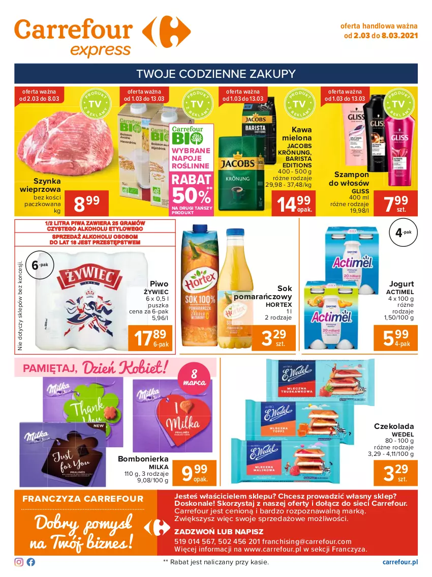 Gazetka promocyjna Carrefour - Gazetka Express - ważna 01.03 do 08.03.2021 - strona 2 - produkty: Actimel, Czekolada, Gra, Hortex, Jacobs, Jacobs Krönung, Jogurt, Kawa, Kawa mielona, Mięta, Milka, Napoje, Piwa, Piwo, Sok, Sok pomarańczowy, Szampon, Szynka, Szynka wieprzowa