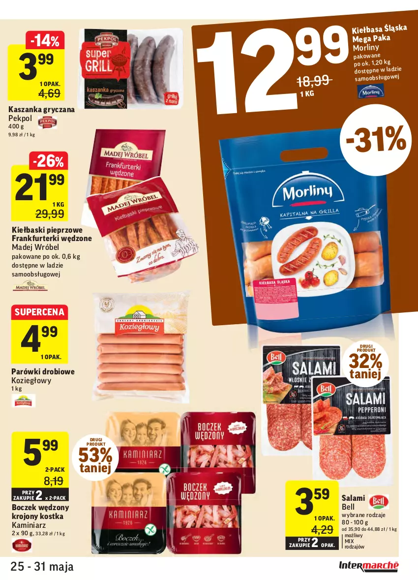 Gazetka promocyjna Intermarche - Dzień Dziecka, Dzień Mamy - ważna 25.05 do 31.05.2021 - strona 19 - produkty: Bell, Boczek, Frankfurterki, Gry, Kasza, Kaszanka, Kiełbaski pieprzowe, Madej Wróbel, Morliny, Parówki, Pekpol, Pieprz, Salami