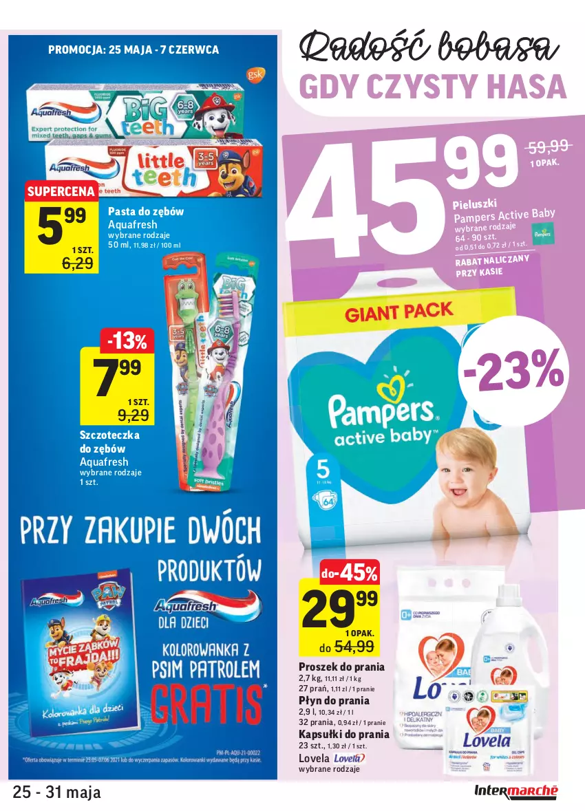 Gazetka promocyjna Intermarche - Dzień Dziecka, Dzień Mamy - ważna 25.05 do 31.05.2021 - strona 37 - produkty: Aquafresh, Kapsułki do prania, Lovela, Pampers, Pasta do zębów, Płyn do prania, Proszek do prania, Szczoteczka, Szczoteczka do zębów