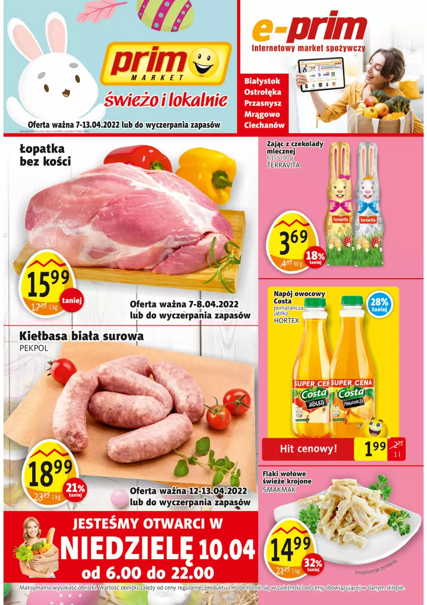 Gazetka promocyjna Prim Market - ważna 07.04 do 13.04.2022 - strona 1 - produkty: Flaki, Flaki wołowe, Kiełbasa, Kiełbasa biała, Napój, Pekpol, Sok