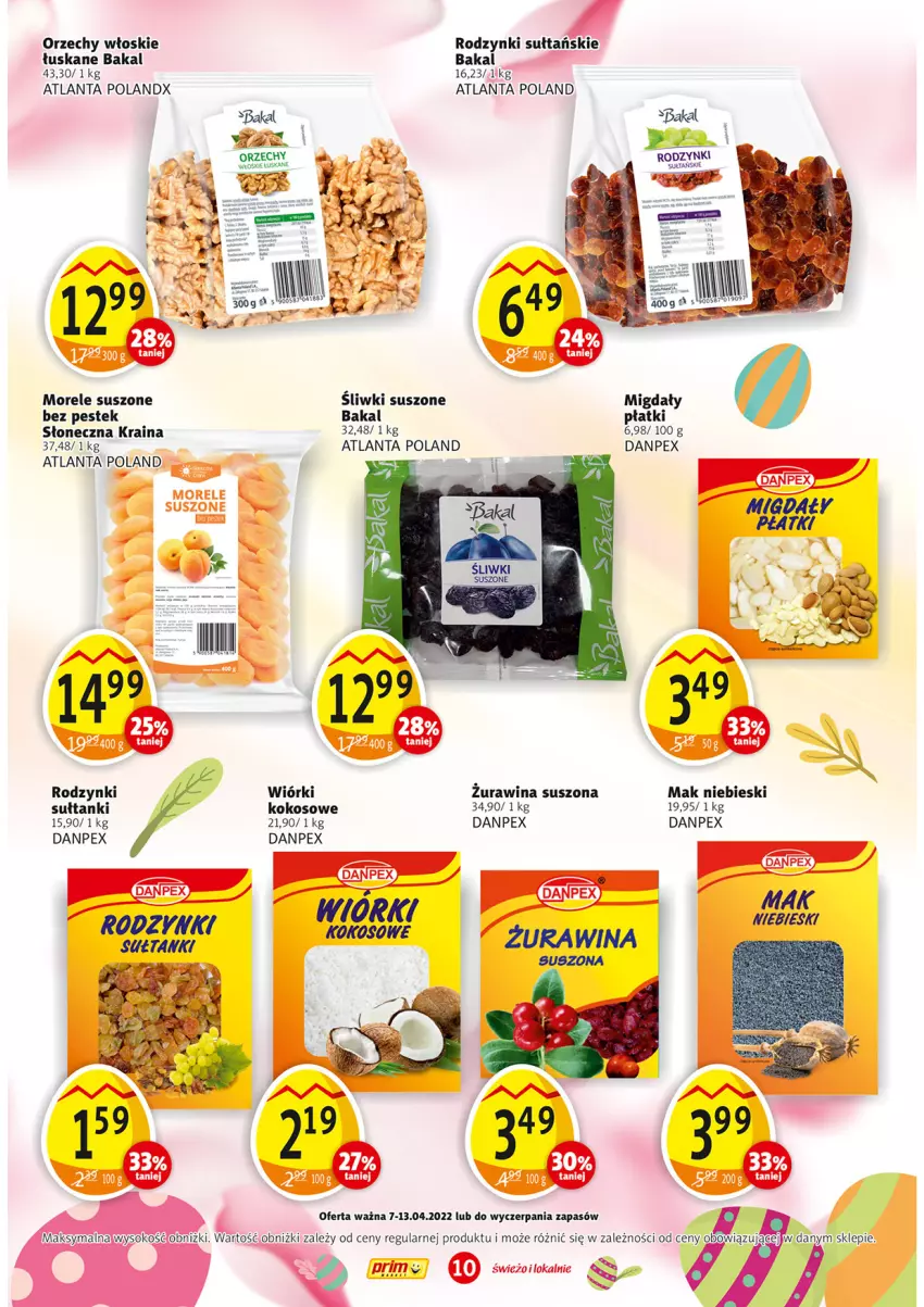 Gazetka promocyjna Prim Market - ważna 07.04 do 13.04.2022 - strona 10 - produkty: Fa, Kokos, Migdały, Orzechy włoskie, Rodzynki, Sok, Stek