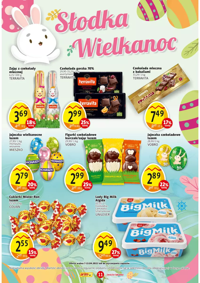 Gazetka promocyjna Prim Market - ważna 07.04 do 13.04.2022 - strona 11 - produkty: Algida, Big Milk, Cukier, Cukierki, Czekolada, Czekolada mleczna, Kurczak, LG, Lody, Sok