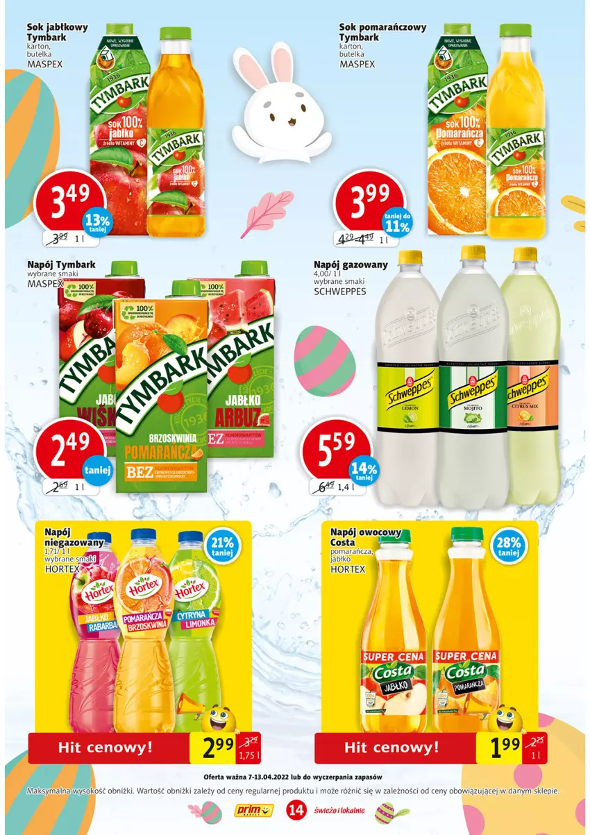 Gazetka promocyjna Prim Market - ważna 07.04 do 13.04.2022 - strona 14 - produkty: Hortex, Napój, Napój gazowany, Schweppes, Sok, Sok jabłkowy, Sok pomarańczowy