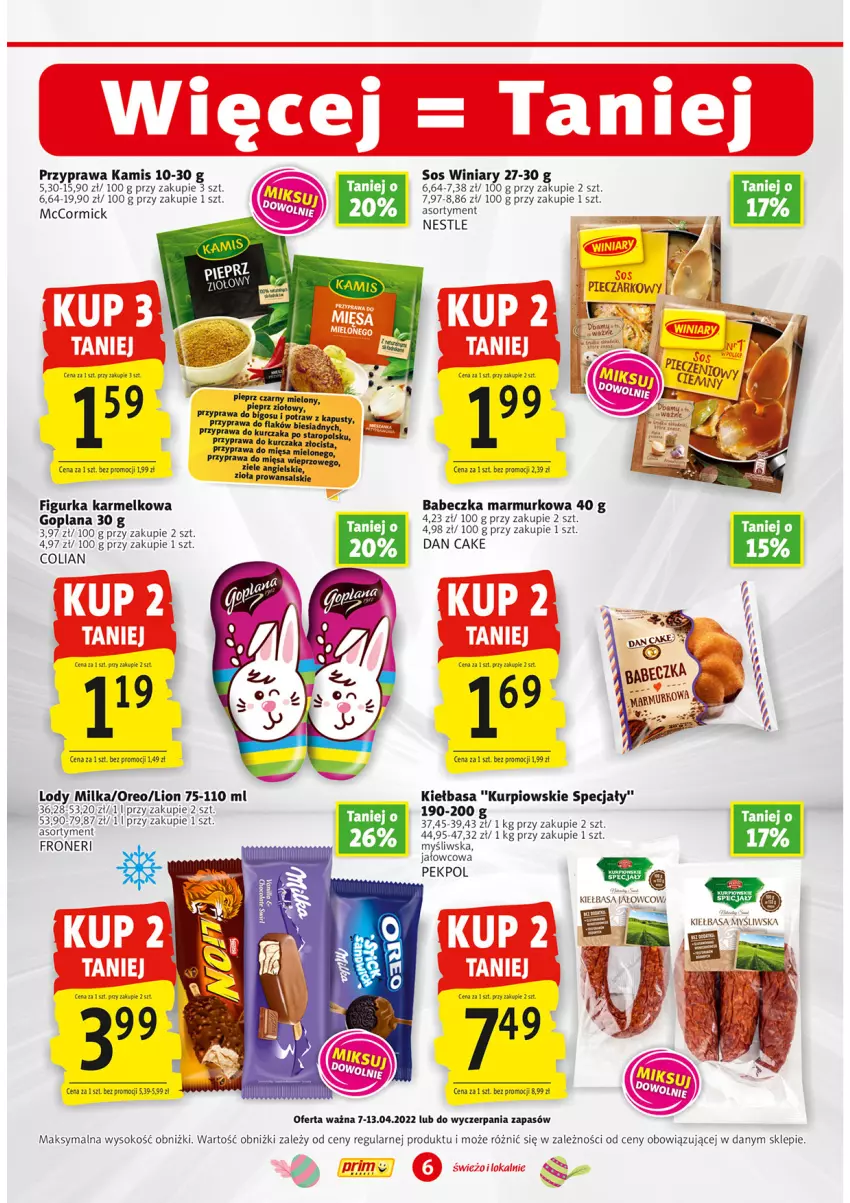 Gazetka promocyjna Prim Market - ważna 07.04 do 13.04.2022 - strona 6 - produkty: Bigos, Goplana, Kamis, Kiełbasa, Kurczak, LANA, Lion, Lody, Milka, Oreo, Pieprz, Sok, Sos