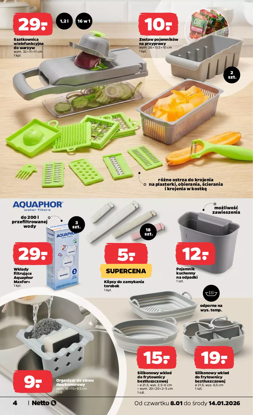 Gazetka promocyjna Netto - Od Czwartku - ważna 08.01 do 14.01.2026 - strona 4 - produkty: Aquaphor, Organizer, Plasterki, Pojemnik, Por, Przyprawy, Szatkownica, Zlew