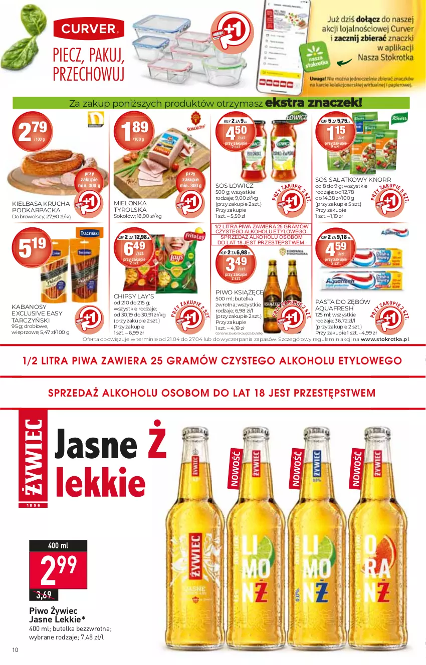 Gazetka promocyjna Stokrotka - Market - ważna 21.04 do 27.04.2022 - strona 10 - produkty: Aquafresh, Chipsy, Gra, Kabanos, Karp, Kiełbasa, Kiełbasa krucha, Knorr, Książęce, Lay’s, Mielonka tyrolska, Pasta do zębów, Piwa, Piwo, Sałat, Sok, Sokołów, Sos, Tarczyński