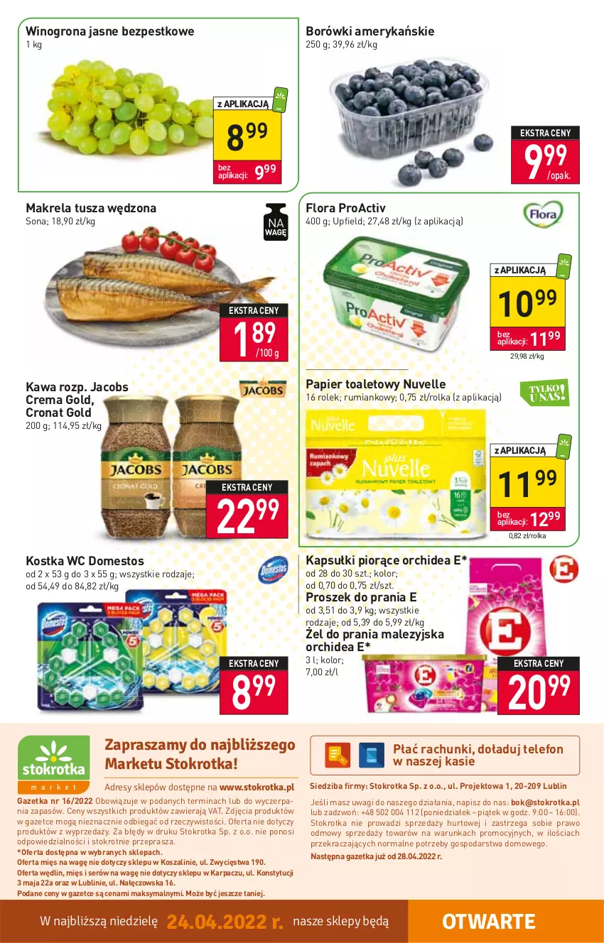 Gazetka promocyjna Stokrotka - Market - ważna 21.04 do 27.04.2022 - strona 12 - produkty: Domestos, Flora, Jacobs, Karp, Kawa, Kosz, O nas, Papier, Papier toaletowy, Proszek do prania, Rum, Ser, Szal, Telefon, Tusz, Wagi, Wino, Winogrona