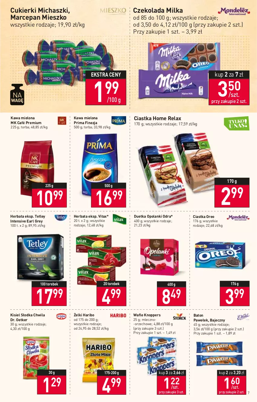 Gazetka promocyjna Stokrotka - Market - ważna 21.04 do 27.04.2022 - strona 7 - produkty: Baton, Ciastka, Cukier, Cukierki, Czekolada, Dr. Oetker, Earl Grey, Haribo, Herbata, Kawa, Kawa mielona, Kisiel, Knoppers, Lanki, Milka, Oreo, Prima, Słodka Chwila, Tetley, Torba, Vitax, Wafle