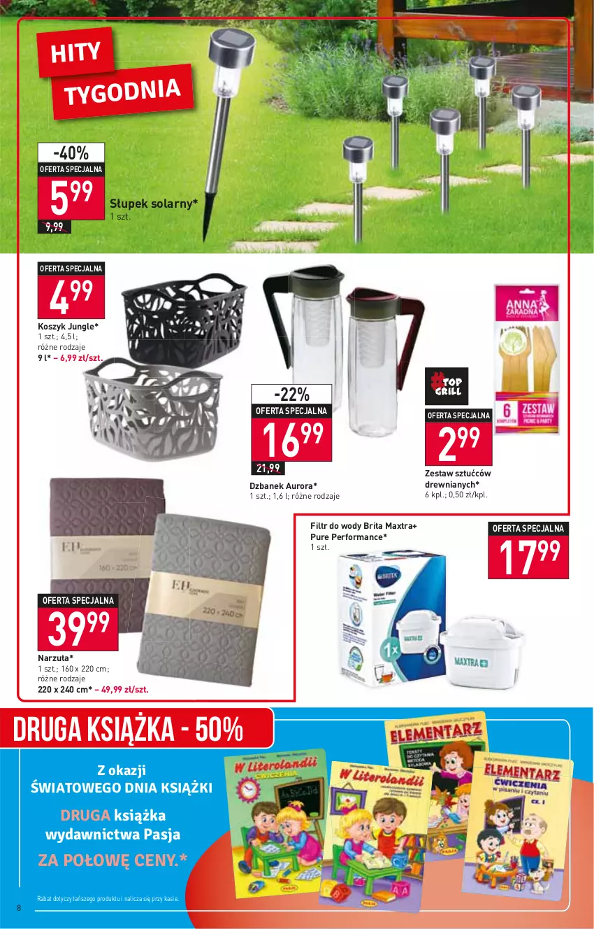 Gazetka promocyjna Stokrotka - Market - ważna 21.04 do 27.04.2022 - strona 8 - produkty: Brit, Brita, Brita Maxtra, Dzbanek, Kosz, Książka, Narzuta, Pur, Słupek, Zestaw sztućców