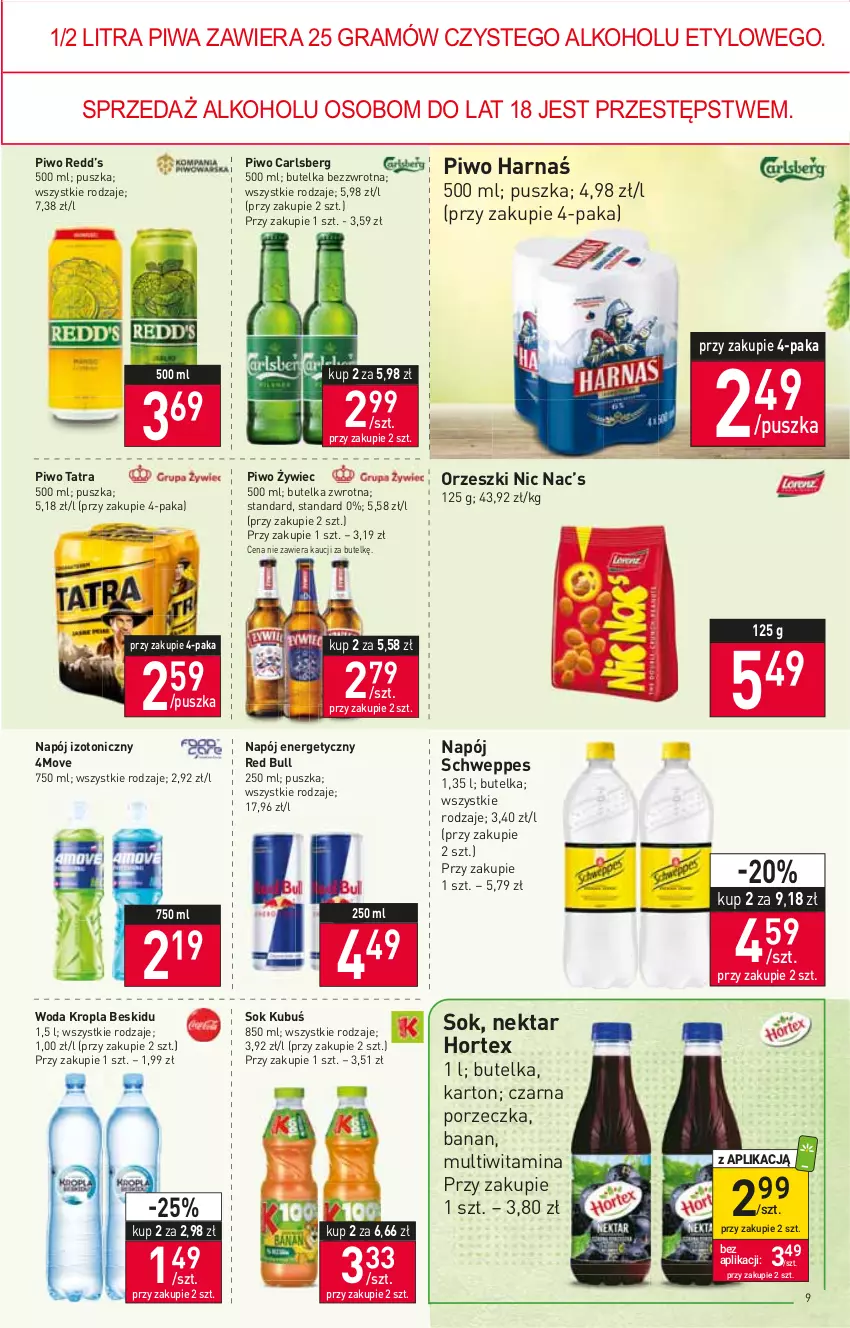 Gazetka promocyjna Stokrotka - Market - ważna 21.04 do 27.04.2022 - strona 9 - produkty: Carlsberg, Gra, Harnaś, Hortex, Kubuś, Napój, Napój energetyczny, Napój izotoniczny, Nektar, Orzeszki, Piwa, Piwo, Por, Red Bull, Schweppes, Sok, Tatra, Woda