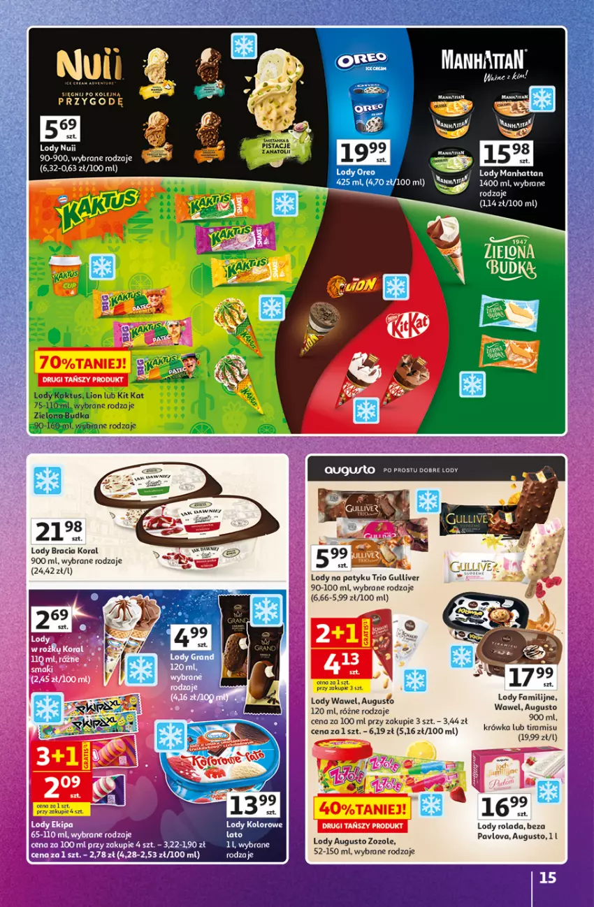 Gazetka promocyjna Auchan - Znane Marki Hipermarket - ważna 11.06 do 17.06.2026 - strona 15 - produkty: Kaktus, Kit Kat, Lion, Lody, Olej, Pistacje, Rolada, Wawel