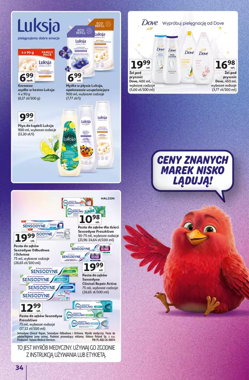 Gazetka promocyjna Auchan - Znane Marki Hipermarket - ważna 11.06 do 17.06.2026 - strona 34 - produkty: Clin, Dove, Dzieci, Leon, Luksja, Mydło, Mydło w płynie, Pasta do zębów, Płyn do kąpieli, Sensodyne