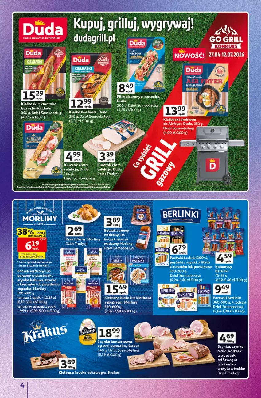 Gazetka promocyjna Auchan - Znane Marki Hipermarket - ważna 11.06 do 17.06.2026 - strona 4 - produkty: Berlinki, Duda, Gra, Grill, Kiełbasa, Kiełbasa krucha, Krakus, Kurczak, Parówki, Rama, Ser, Szynka, Szynka konserwowa