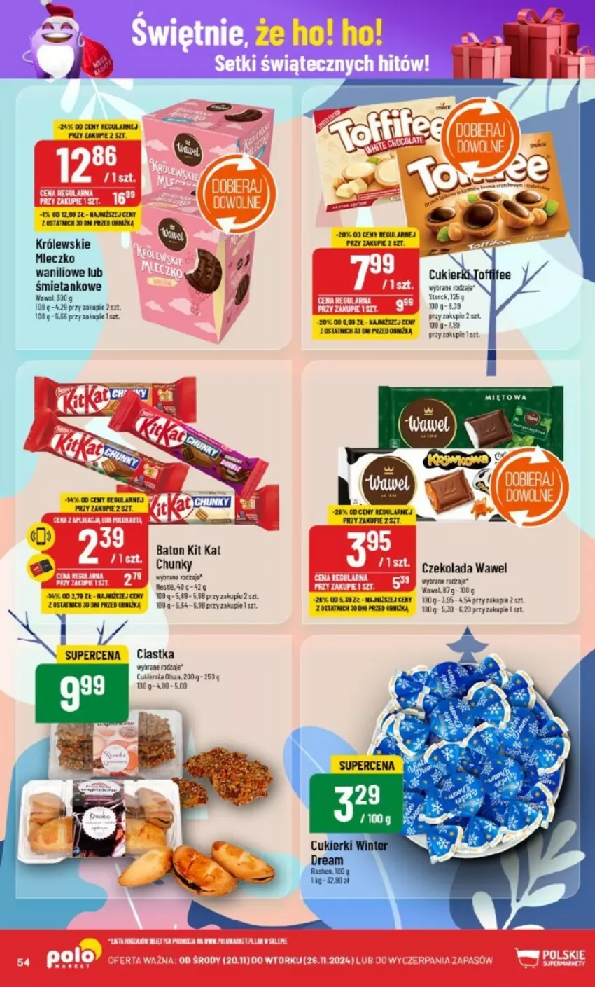 Gazetka promocyjna PoloMarket - ważna 20.11 do 26.11.2024 - strona 50 - produkty: Baton, Ciastka, Czekolada, Fa, Kit Kat, Królewski, Mleczko, Por, Wawel