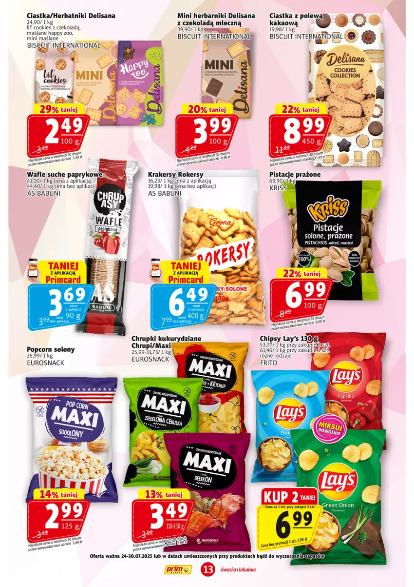 Gazetka promocyjna Prim Market - ważna 24.07 do 30.07.2025 - strona 13 - produkty: Babuni, Chipsy, Chrupki, Ciastka, Herbatniki, Isana, Kakao, Krakersy, Oliwa, Pistacje, Popcorn, Wafle