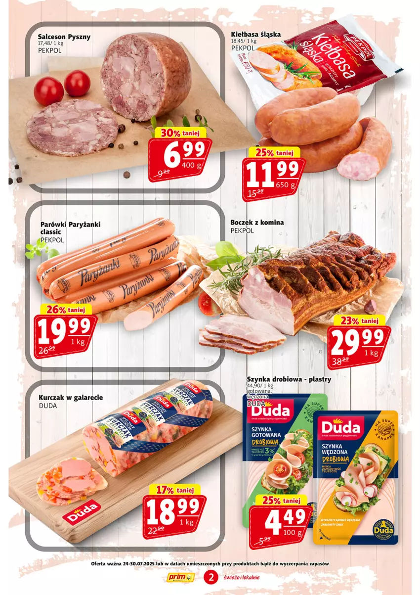 Gazetka promocyjna Prim Market - ważna 24.07 do 30.07.2025 - strona 2 - produkty: Boczek, Duda, Gala, Kiełbasa, Kiełbasa śląska, Kurczak, Parówki, Pekpol, Ryż, Salceson, Szynka