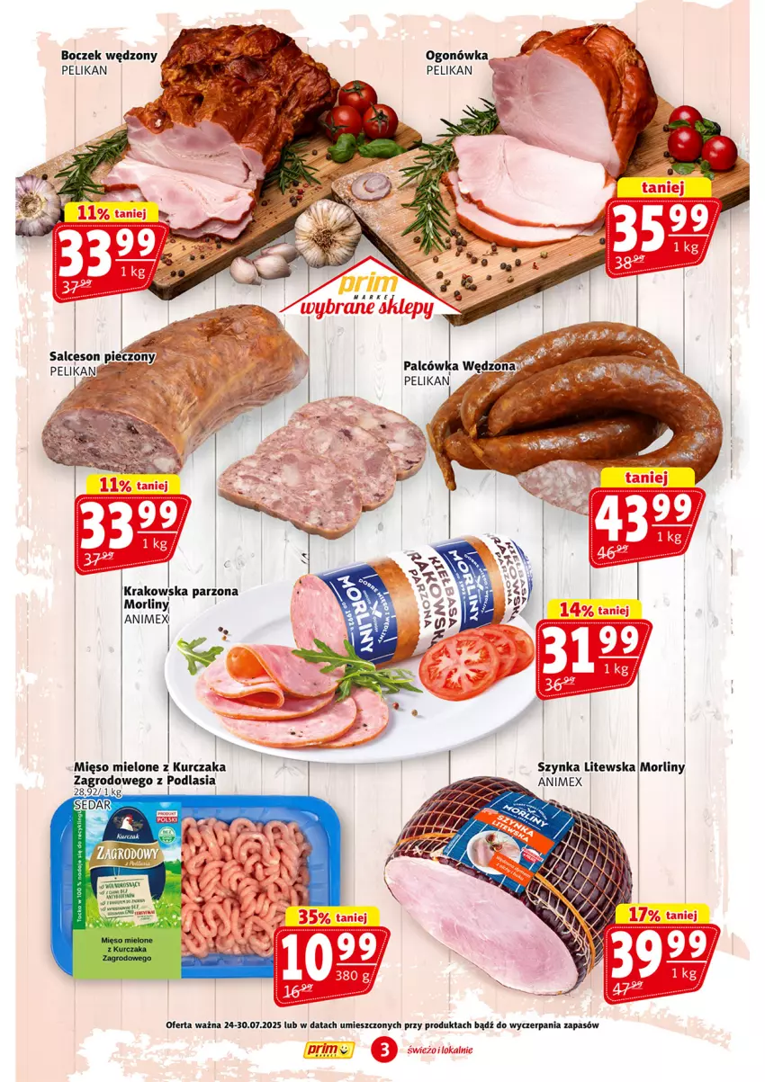 Gazetka promocyjna Prim Market - ważna 24.07 do 30.07.2025 - strona 3 - produkty: Boczek, Kurczak, Mięso, Mięso mielone, Morliny, Ogonówka, Szynka