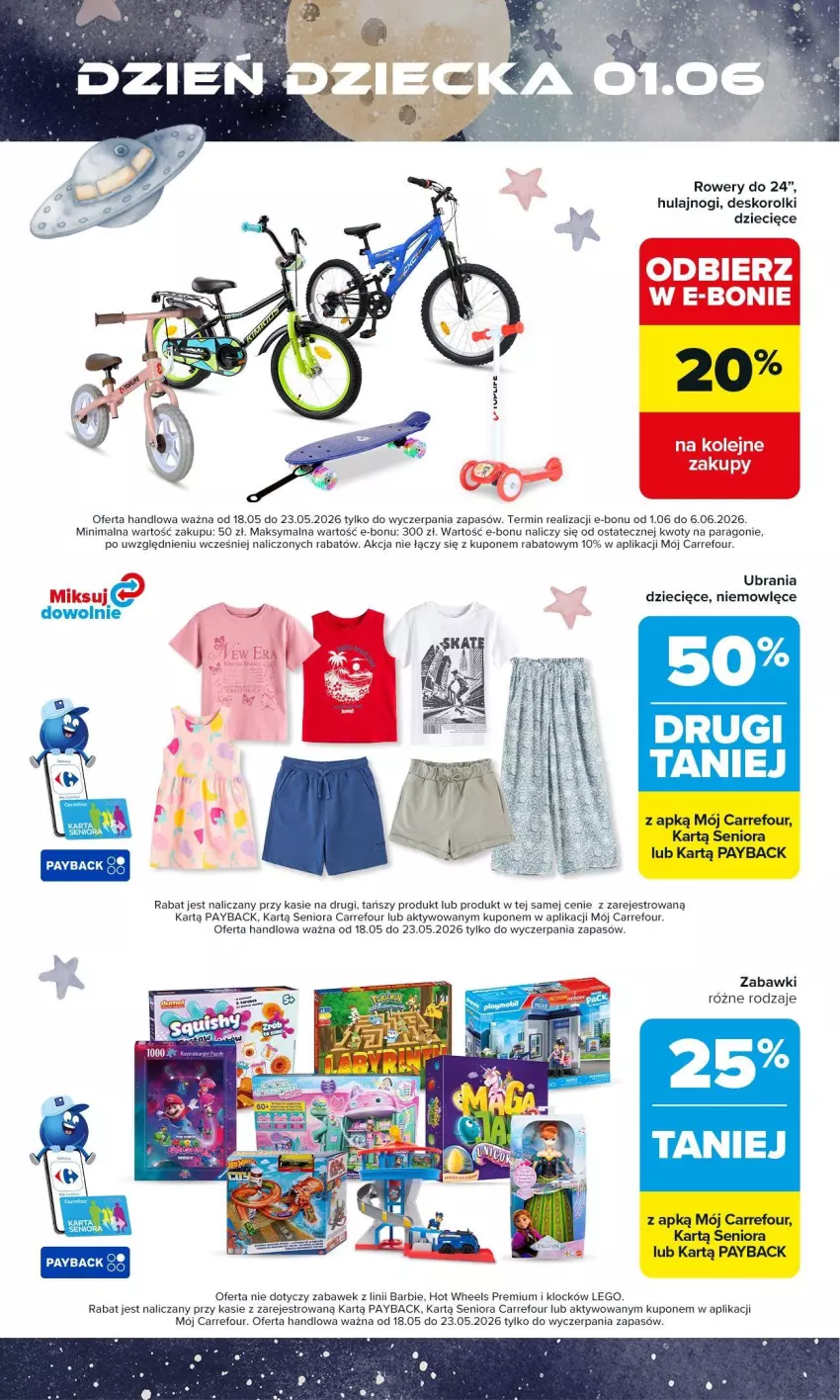 Gazetka promocyjna Carrefour - Gazetka Dzień Dziecka - ważna 18.05 do 01.06.2026 - strona 2 - produkty: Barbie, Dzieci, Fa, Hot Wheels, LEGO, Olej, Rolki, Rower, Ubrania