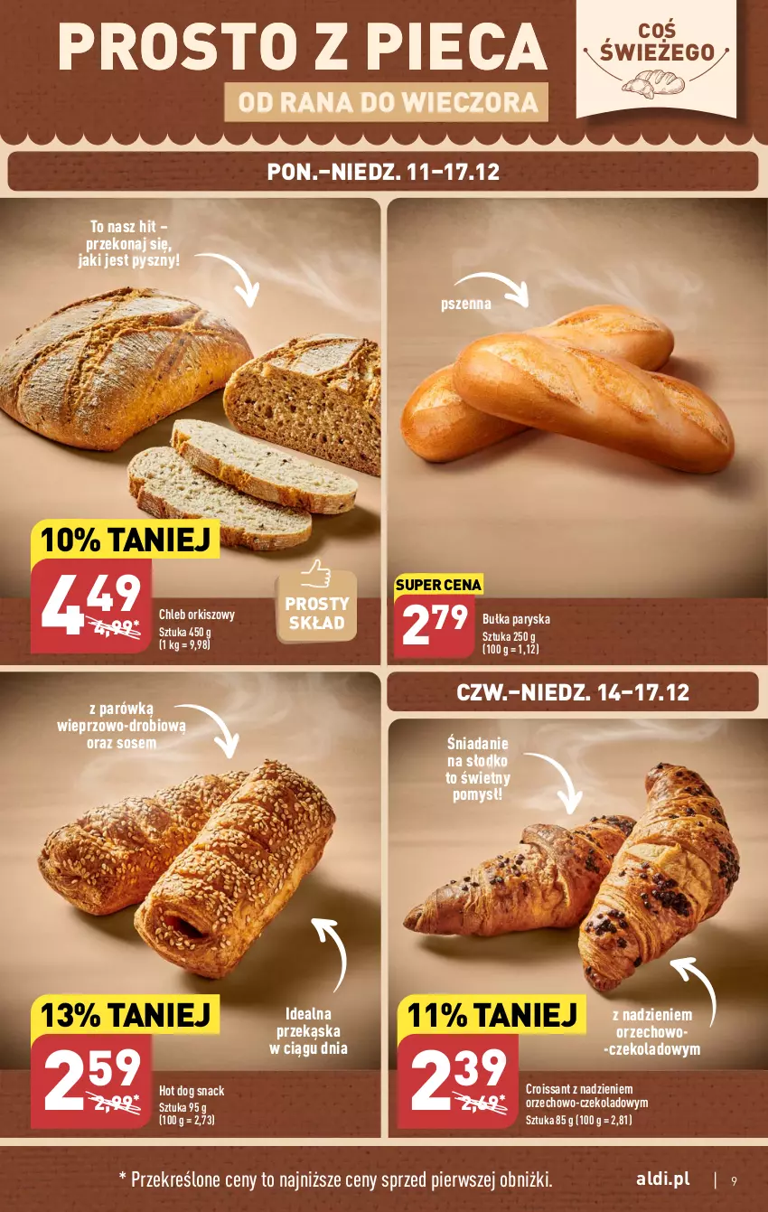 Gazetka promocyjna Aldi - Pełna oferta - ważna 11.12 do 17.12.2023 - strona 9 - produkty: Bułka, Chleb, Croissant, Hot dog, Hot dog snack, O nas, Piec, Sos