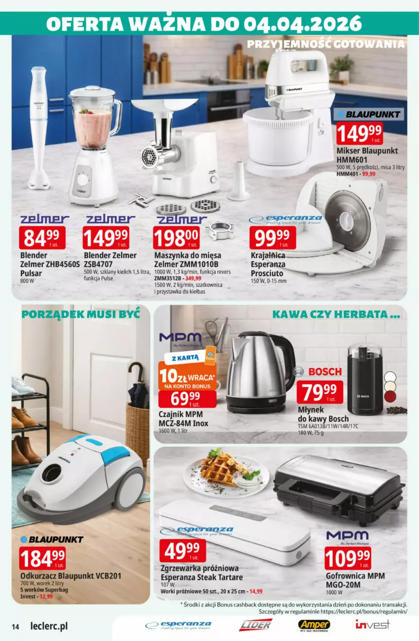 Gazetka promocyjna E Leclerc - ważna 17.03 do 29.03.2026 - strona 14 - produkty: Blender, Czajnik, Gofrownica, Herbata, Kawa, Maszynka, Mikser, Mus, Por, Ser, Szatkownica, Szynka, Tarta, Tartare, Tran, Warka, Zelmer