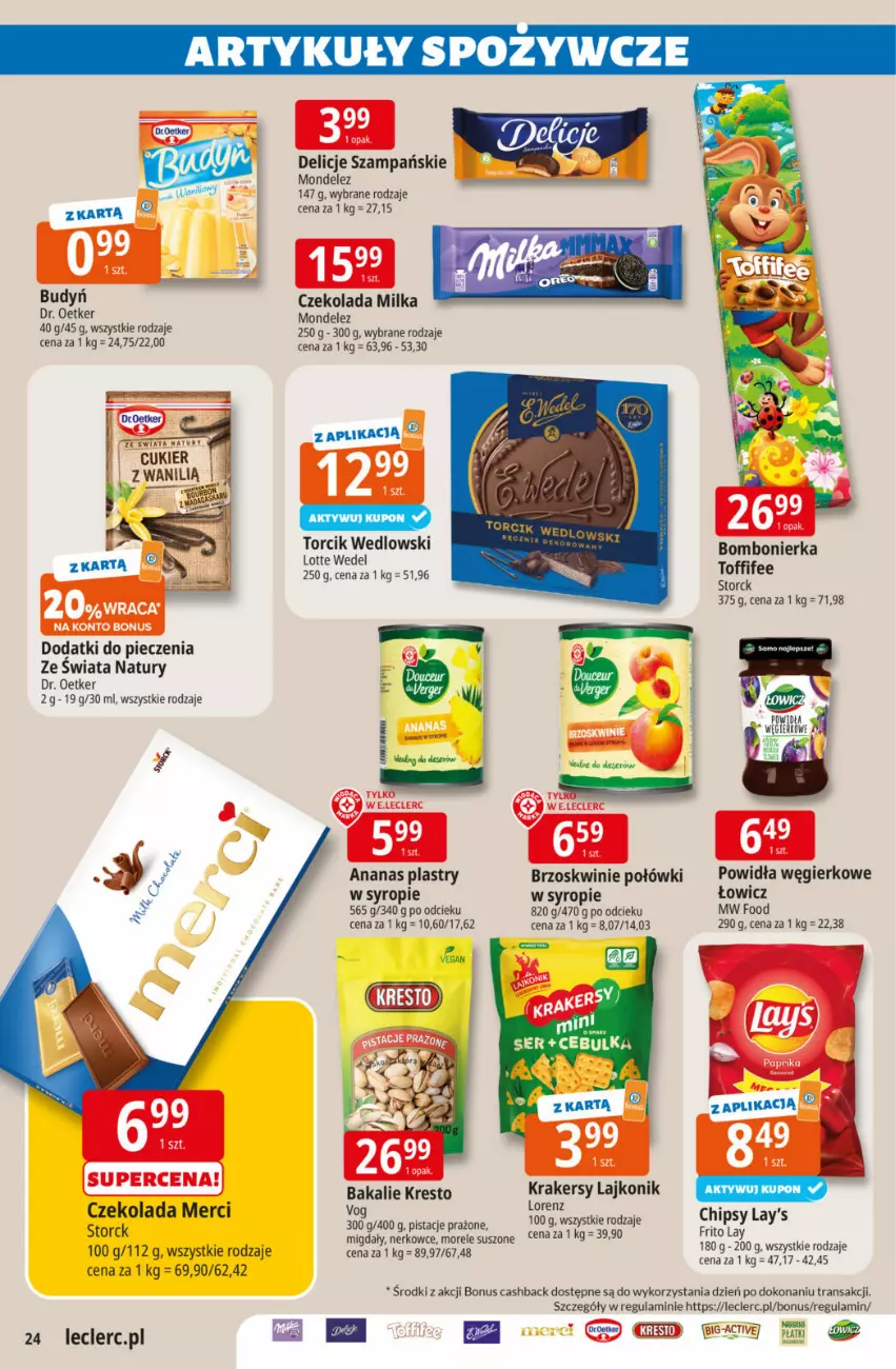 Gazetka promocyjna E Leclerc - ważna 17.03 do 29.03.2026 - strona 24 - produkty: Ananas, Brzoskwinie, Budyń, Czekolada, Delicje, Dr. Oetker, Lajkonik, Merci, Milka, Piec, Pistacje, Syrop, Tran