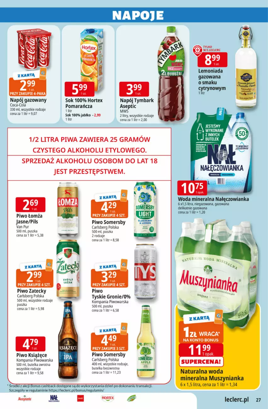 Gazetka promocyjna E Leclerc - ważna 17.03 do 29.03.2026 - strona 27 - produkty: Carlsberg, Coca-Cola, Gra, Hortex, Książęce, Mus, Napój, Napój gazowany, Piwa, Piwo, Pur, Sok, Somersby, Tran, Tymbark, Tyskie, Woda, Woda mineralna