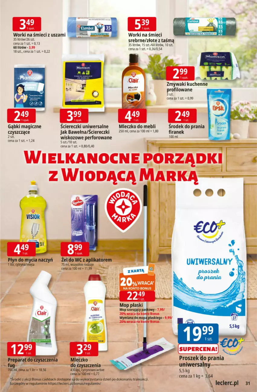 Gazetka promocyjna E Leclerc - ważna 17.03 do 29.03.2026 - strona 31 - produkty: Mleczko, Mop, Por, Proszek do prania, Wełna, Worki na śmiec, Worki na śmieci, Zmywaki kuchenne