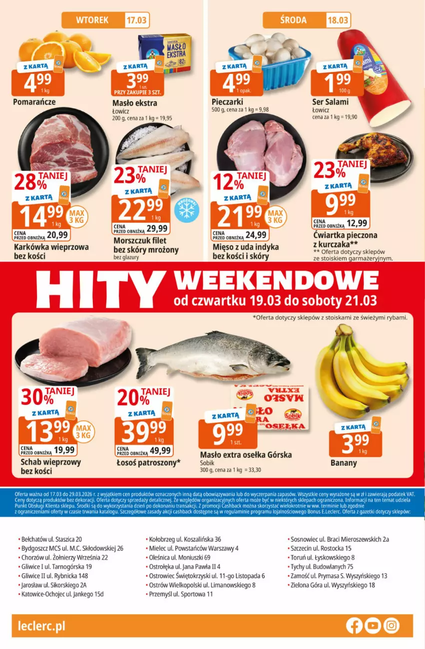 Gazetka promocyjna E Leclerc - ważna 17.03 do 29.03.2026 - strona 32 - produkty: Banany, Karkówka wieprzowa, Kosz, Kurczak, Lazur, Masło, Piec, Pomarańcze, Por, Ryba, Salami, Schab wieprzowy, Ser, Ser salami, Sos, Sport, Stock, Szal, Top