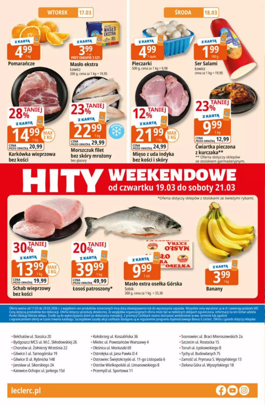Gazetka promocyjna E Leclerc - ważna 17.03 do 29.03.2026 - strona 64 - produkty: Banany, Gra, Karkówka wieprzowa, Kosz, Kurczak, Masło, Mięso, Piec, Pomarańcze, Por, Ryba, Salami, Schab wieprzowy, Ser, Sos, Sport, Szal