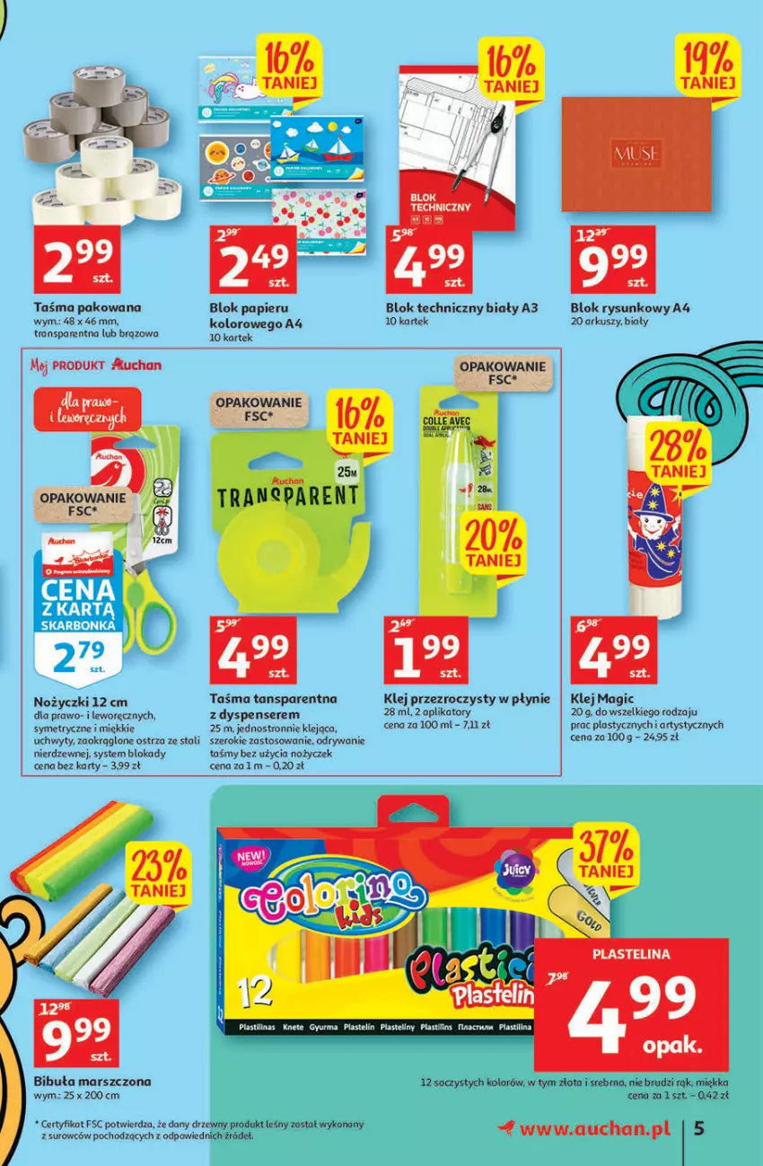 Gazetka promocyjna Auchan - Szkoła oszczędzania Hipermarkety 25-31.08 - ważna 25.08 do 31.08.2022 - strona 5 - produkty: Klej, Mars, Noż, Nożyczki, Papier, Plastelina, Ser, Taśma pakowa, Tran, Uchwyty