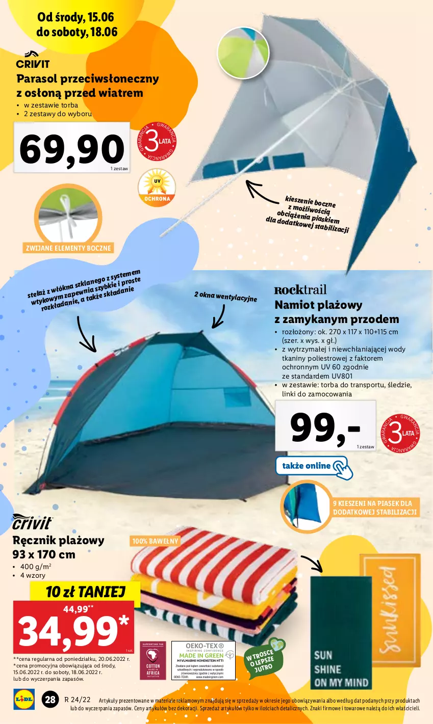 Gazetka promocyjna Lidl - GAZETKA - ważna 13.06 do 18.06.2022 - strona 34 - produkty: Fa, Namiot, Parasol, Por, Ręcznik, Sport, Torba, Tran