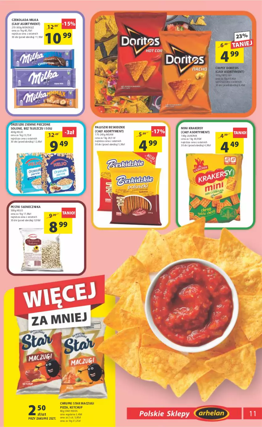 Gazetka promocyjna Arhelan - Gazetka - ważna 10.03 do 19.03.2023 - strona 11 - produkty: Aksam, Beskidzki, Chipsy, Chrupki, Czekolada, Helio, Ketchup, Krakersy, Lajkonik, Milka, Orzeszki, Orzeszki ziemne, Piec, Pizza