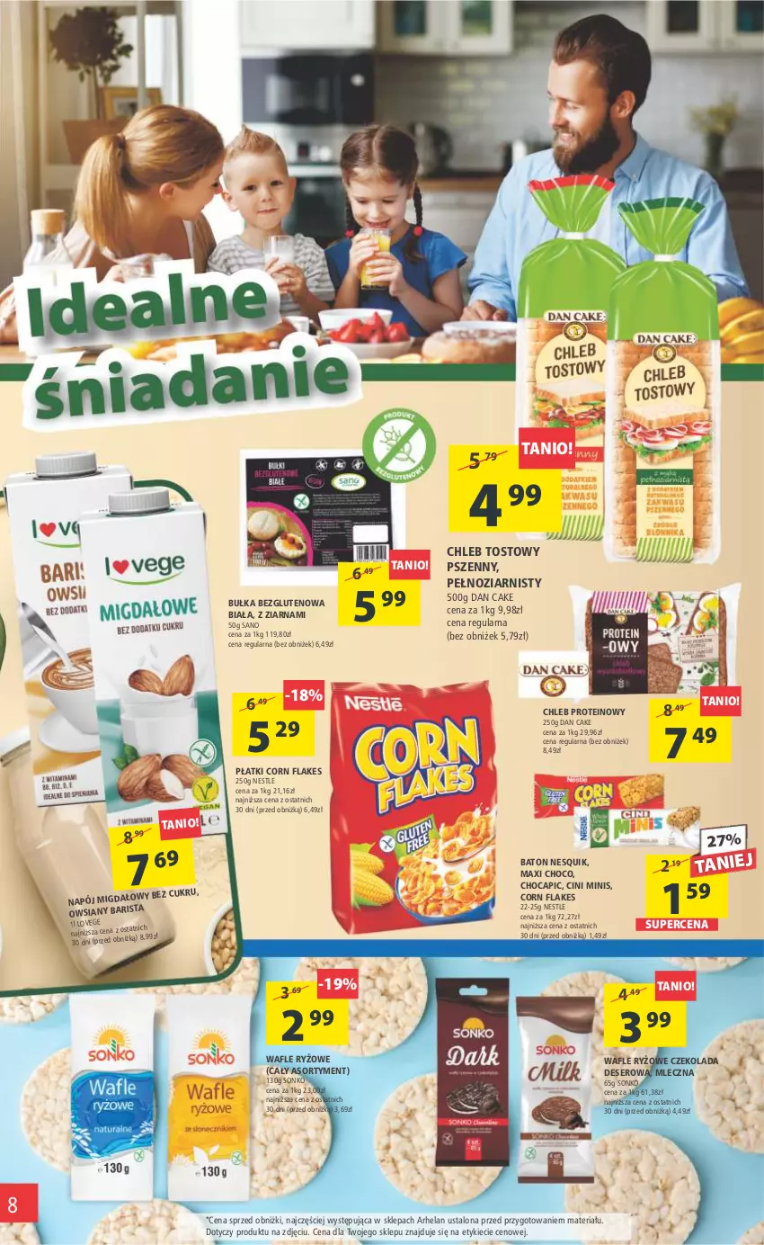 Gazetka promocyjna Arhelan - Gazetka - ważna 10.03 do 19.03.2023 - strona 8 - produkty: Baton, Bułka, Chleb, Chleb proteinowy, Chleb tostowy, Cini Minis, Corn flakes, Czekolada, Dan Cake, Deser, Napój, Nesquik, Ryż, Ser, Sonko, Wafle