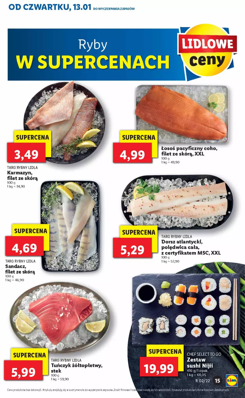 Gazetka promocyjna Lidl - GAZETKA - ważna 13.01 do 16.01.2022 - strona 15 - produkty: Dorsz, Polędwica, Sandacz, Stek, Sushi, Top, Tuńczyk