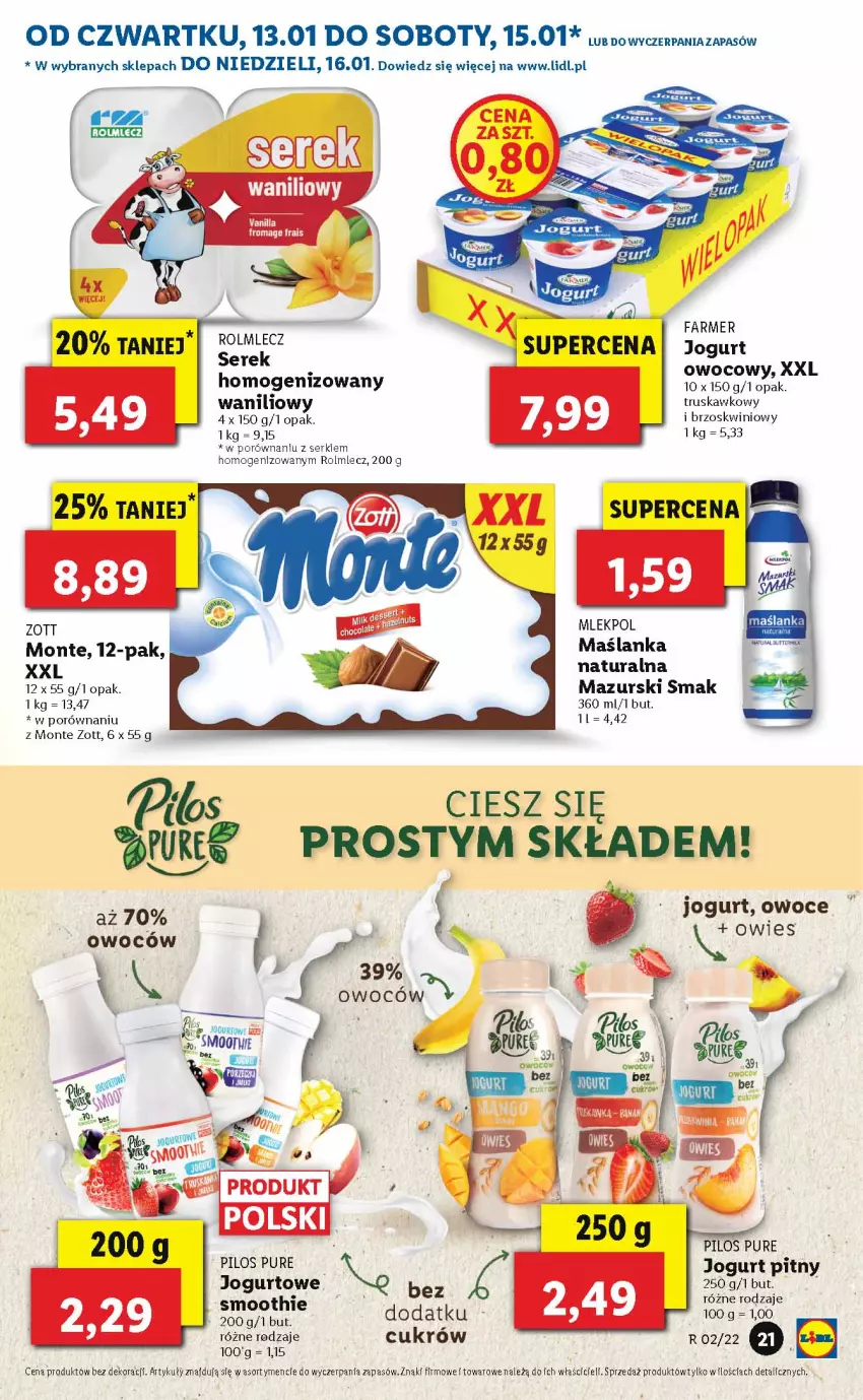 Gazetka promocyjna Lidl - GAZETKA - ważna 13.01 do 16.01.2022 - strona 21 - produkty: Fa, Jogurt, Jogurt pitny, Maślanka, Monte, Owoce, Pilos, Por, Pur, Rolmlecz, Ser, Serek, Smoothie, Zott