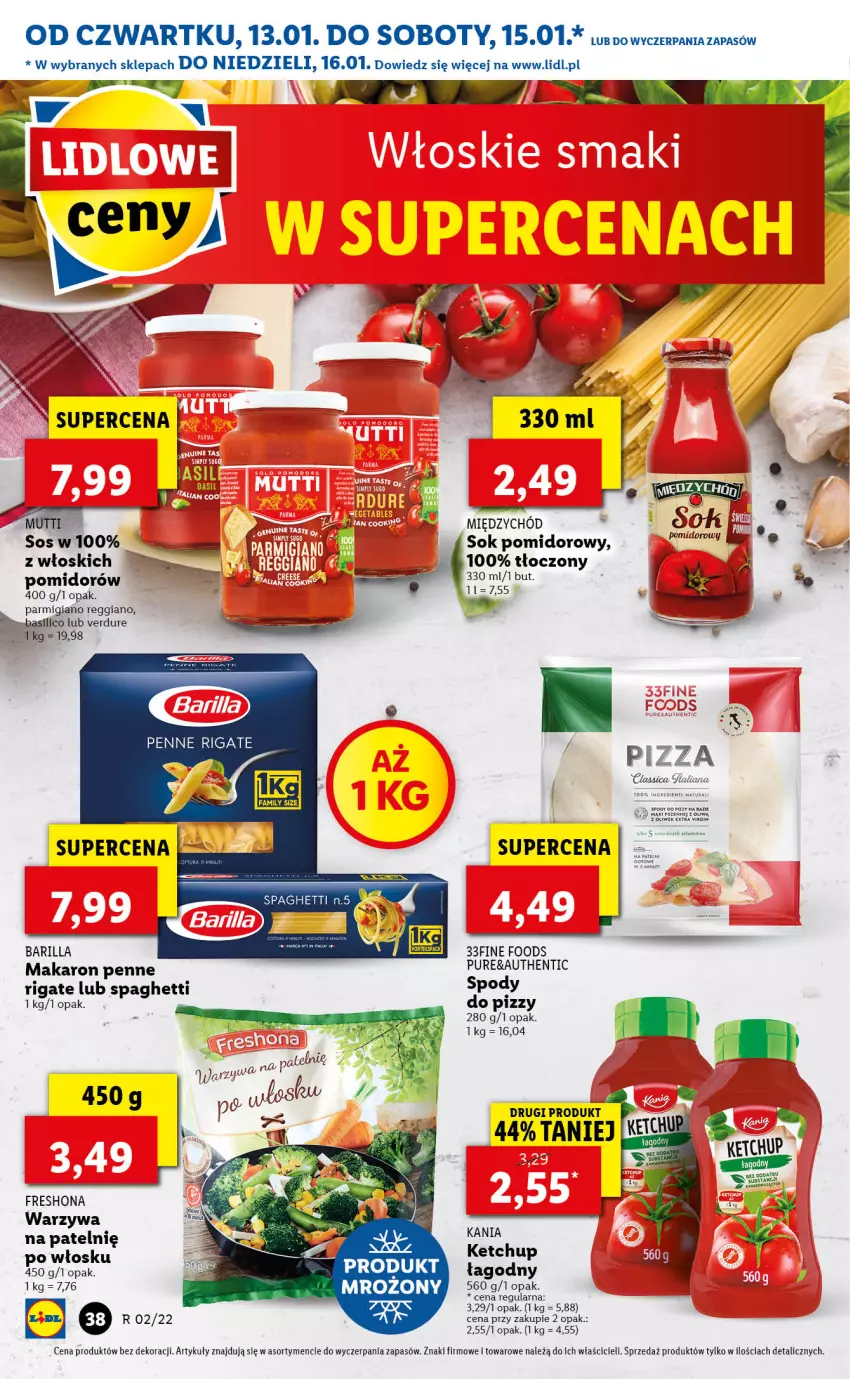 Gazetka promocyjna Lidl - GAZETKA - ważna 13.01 do 16.01.2022 - strona 38 - produkty: Barilla, Gra, Ketchup, Makaron, Penne, Pizza, Pur, Sok, Sok pomidorowy, Sos, Spaghetti, Warzywa