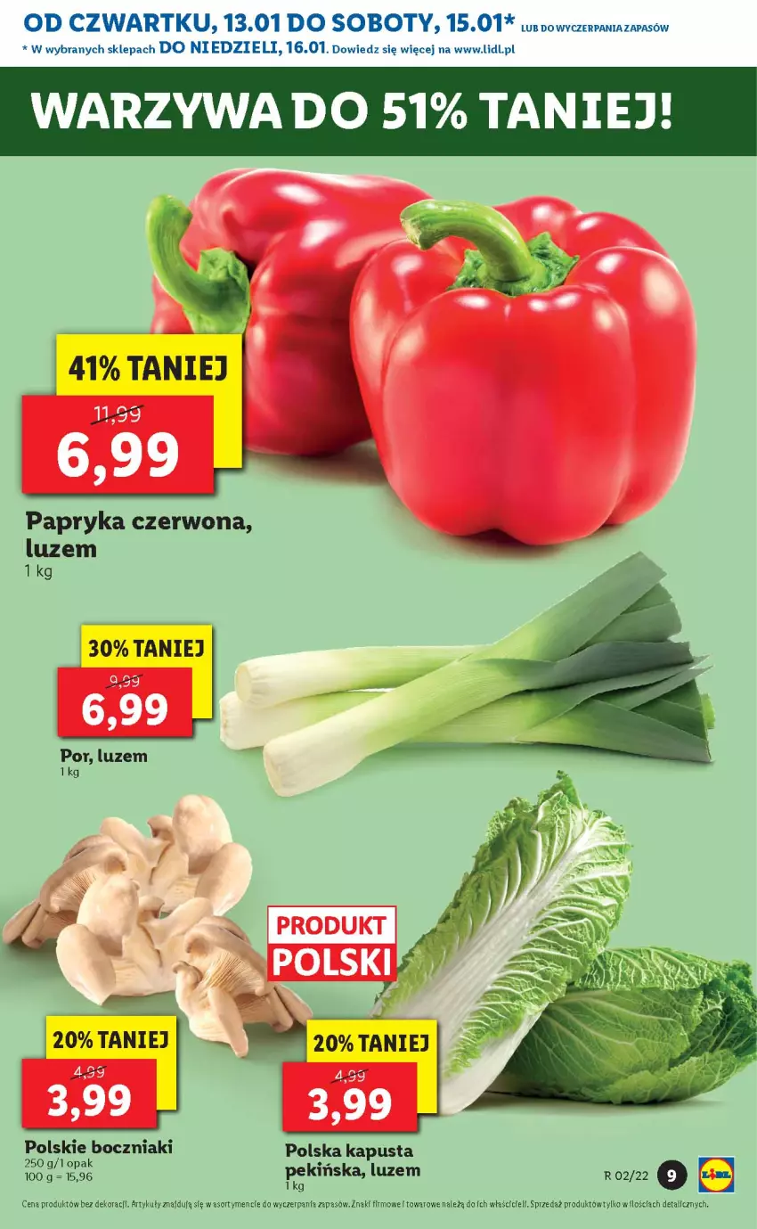 Gazetka promocyjna Lidl - GAZETKA - ważna 13.01 do 16.01.2022 - strona 9 - produkty: Boczniak, Papryka, Papryka czerwona, Por, Warzywa