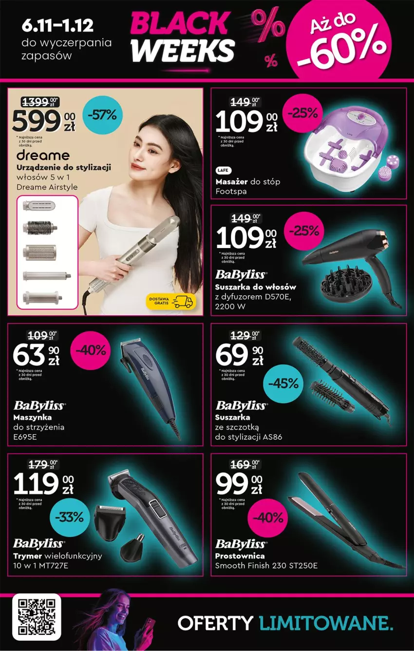 Gazetka promocyjna Biedronka - Okazje Tygodnia - ważna 22.11 do 06.12.2025 - strona 54 - produkty: Babyliss, Fa, Finish, Gra, HP, Masażer, Maszynka, Suszarka, Szynka